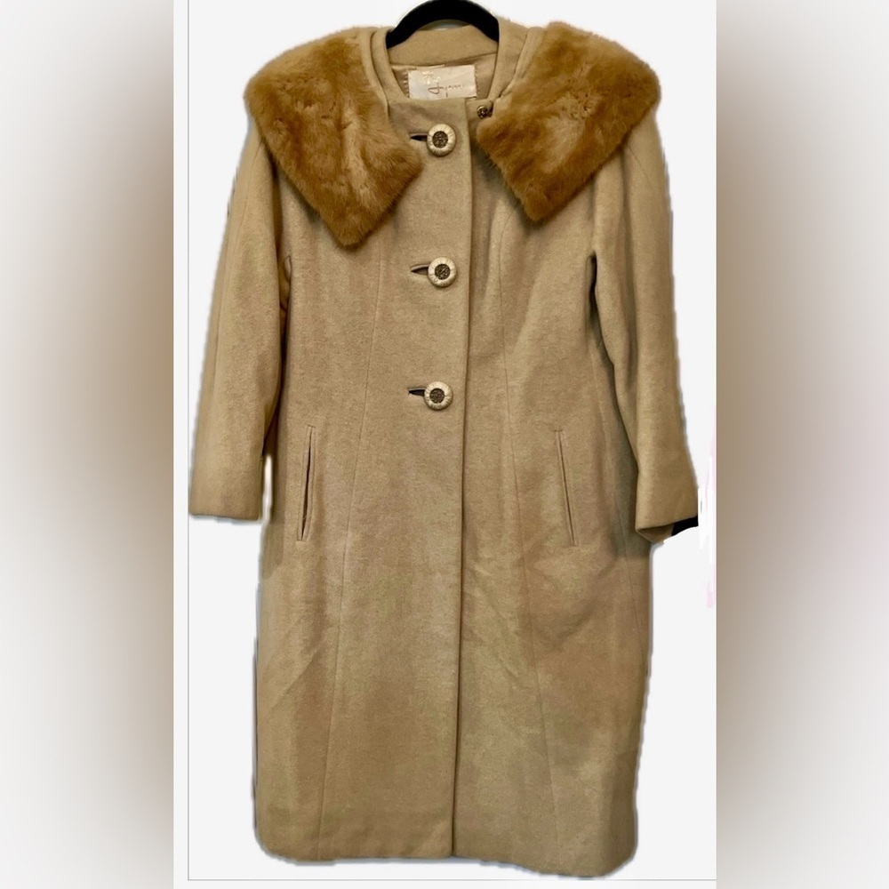 FURLAINE Vintage 50s 60s Women's Beige Coat with Mink Fur Collar, Size S
